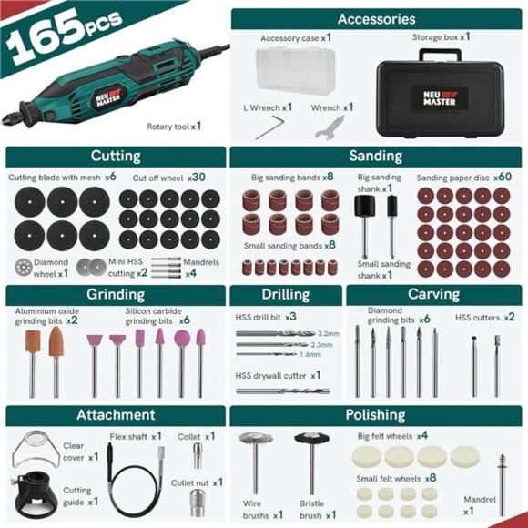 180W Rotary Tool Kit, Corded Power Rotary Tools with 165 Accessories - Picture 6 of 7